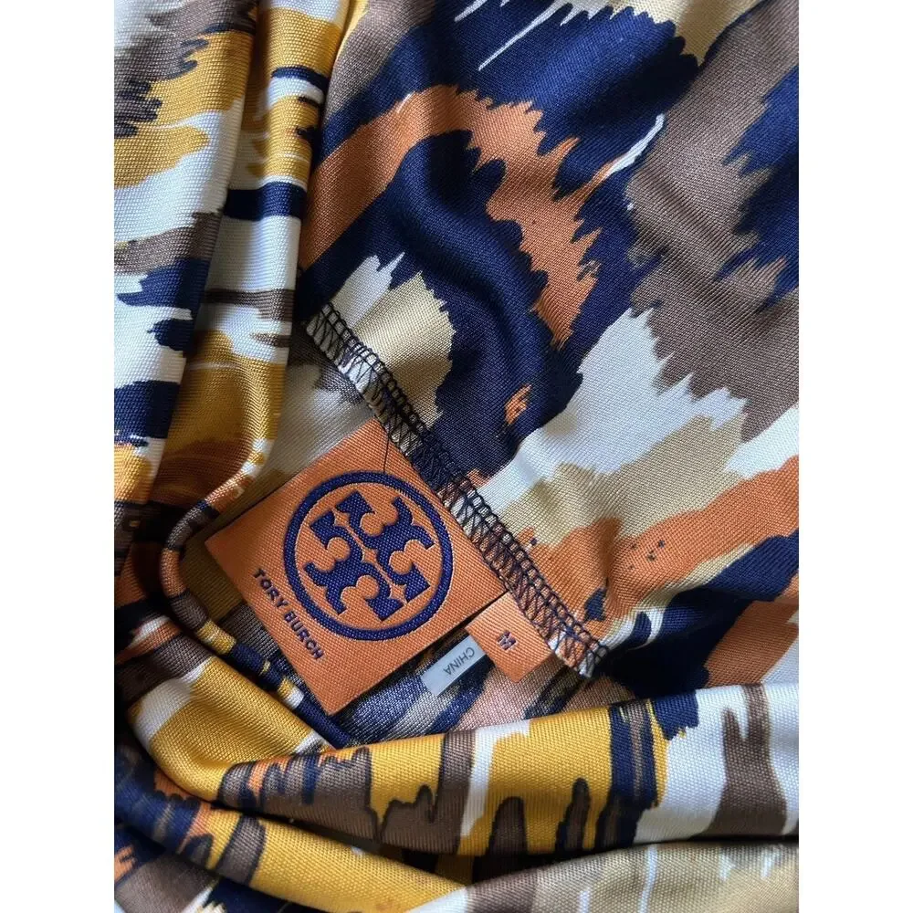 Tory Burch 100% Silk Ikat Print Midi Dress Women M Cowl Neck Tie Waist